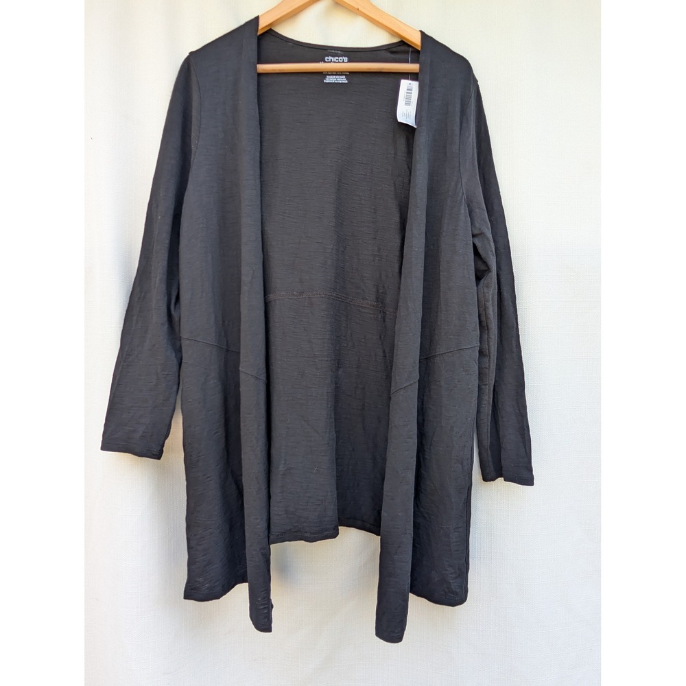 Chicos Cardigan Sweater Womens Size 2 L Black Cotton Slub Open Front Drape NWT